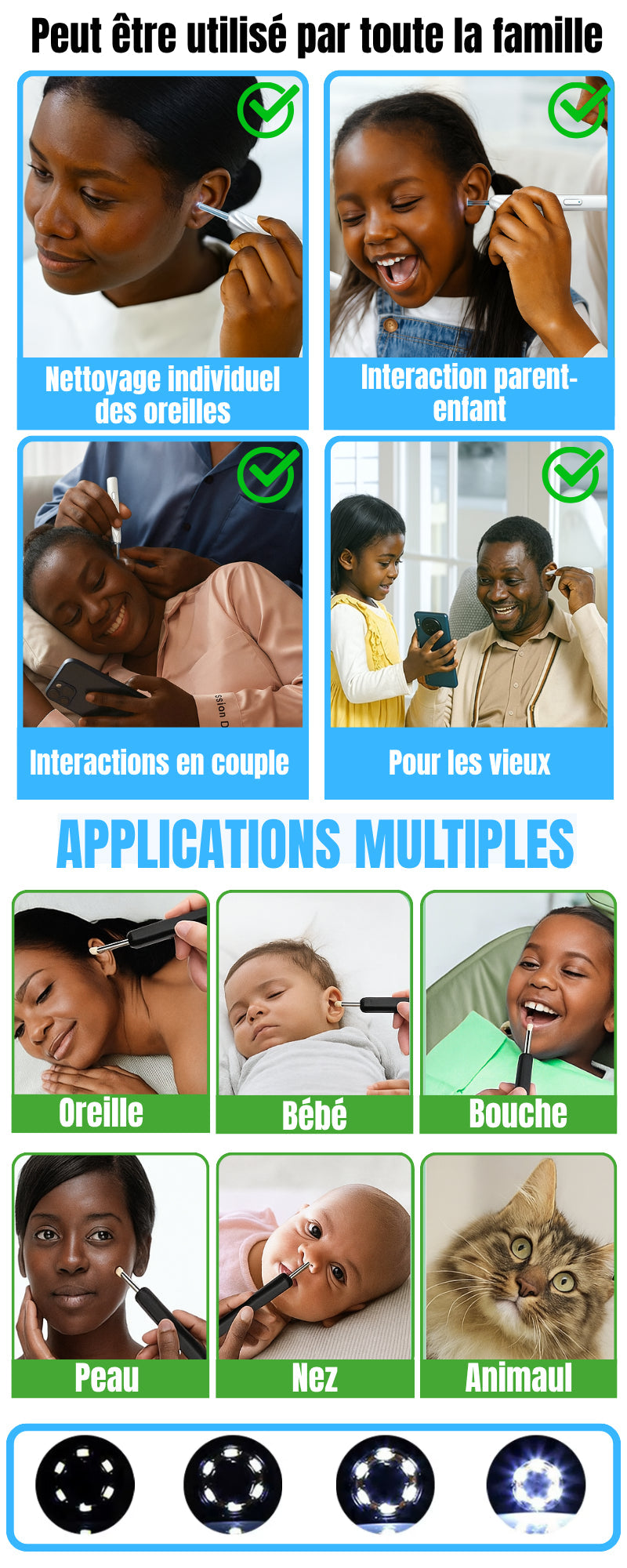 Adapté à toute votre famille : Embouts souples pour adultes, enfants, et même pour vérifier l’oreille d’un bébé sans pénétrer profondément.